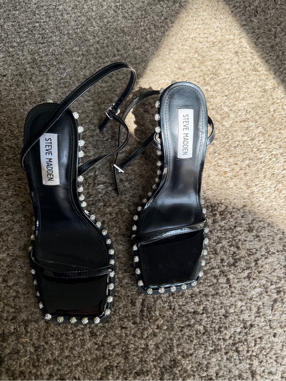 Steve Madden Black Rhinestone-Edged Square-Toe Heels